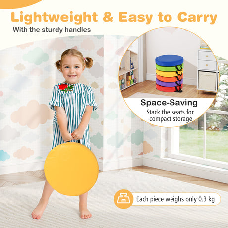 Child holding a yellow seat with text about the product's features, including weight and space-saving benefits.