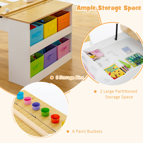 Children's desk with colorful storage bins and paint buckets, emphasizing storage space.