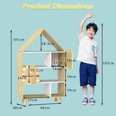 Kids Dollhouse Bookshelf, House-shaped Bookcase with 2 Doors for Playroom, Nursery, Bedroom