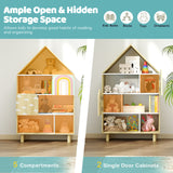 Kids Dollhouse Bookshelf, House-shaped Bookcase with 2 Doors for Playroom, Nursery, Bedroom