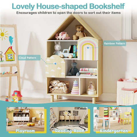 Kids Dollhouse Bookshelf, House-shaped Bookcase with 2 Doors for Playroom, Nursery, Bedroom