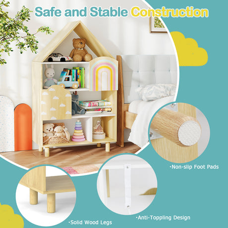 Kids Dollhouse Bookshelf, House-shaped Bookcase with 2 Doors for Playroom, Nursery, Bedroom