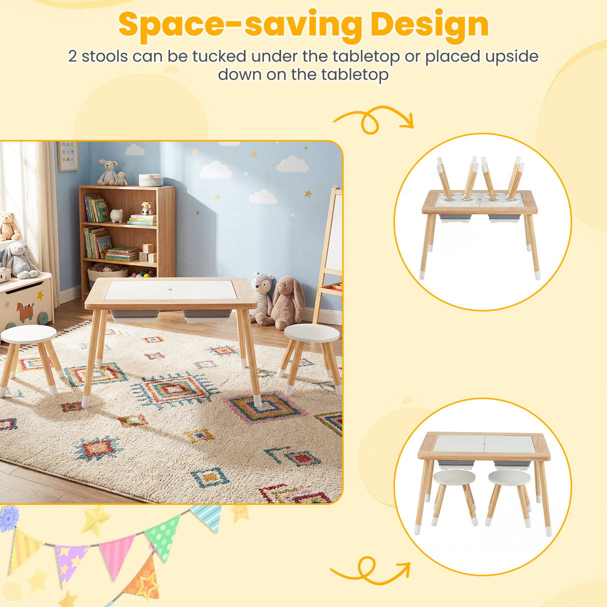 Kid's Table and Chairs Set with Detachable Double-Sided Tabletops