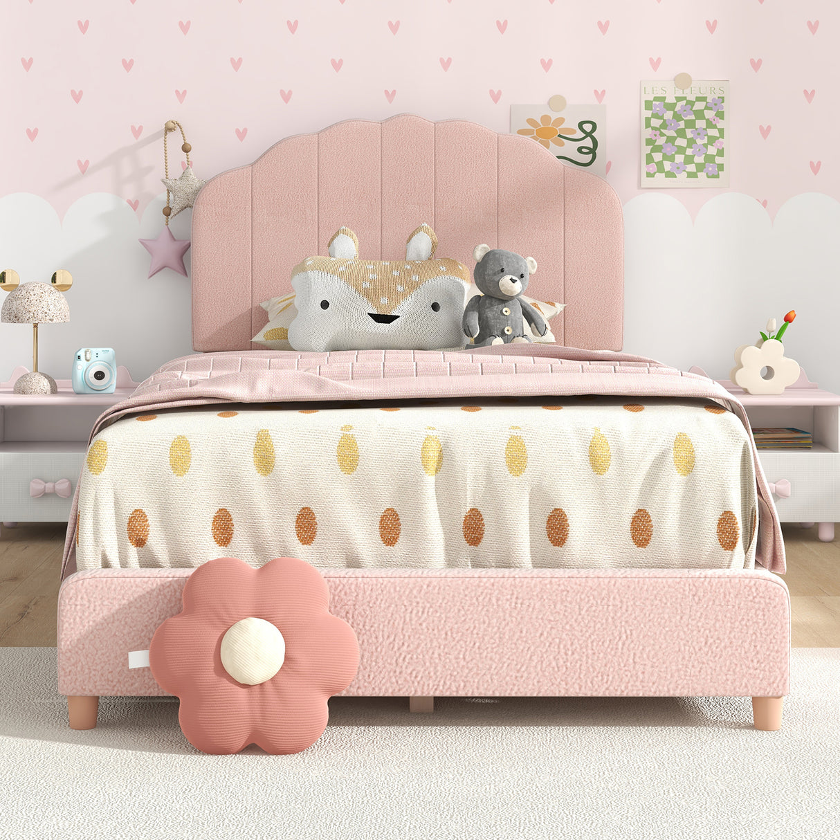 Kids Wooden Single Bed Frame, Upholstered Platform Bed Frame