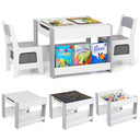 A set of children's furniture including a wooden activity table with a dual-sided tabletop featuring a chalkboard and whiteboard, and chairs with bookshelves and fabric drawers. The chairs are white with gray accents, and the table is primarily white with a natural wood edge.