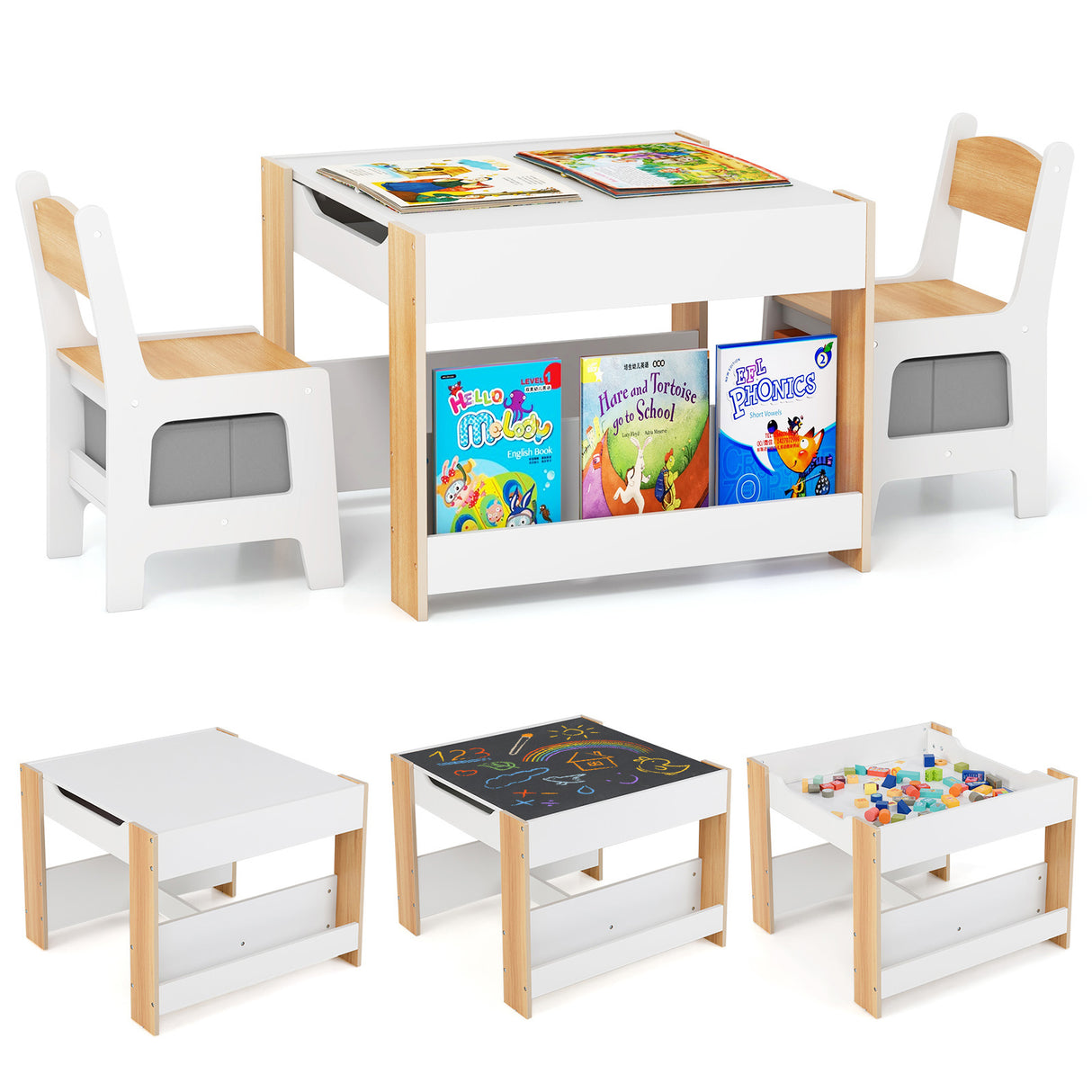 4-in-1 Kids Table and Chair Set, Wooden Activity Table, 2-in-1 Detachable Tabletop Table & Chair Set for Classroom