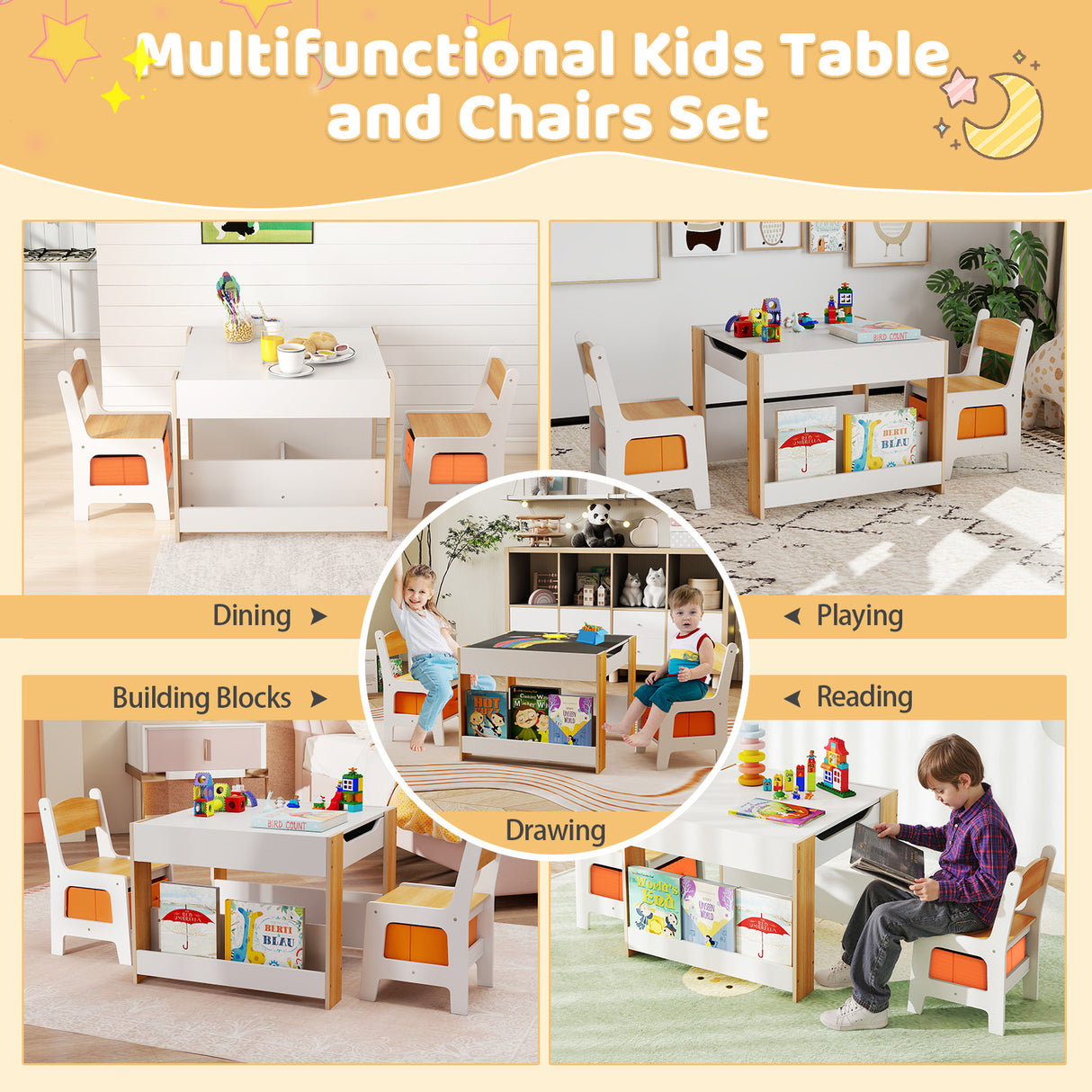 4-in-1 Kids Table and Chair Set, Wooden Activity Table, 2-in-1 Detachable Tabletop Table & Chair Set for Classroom