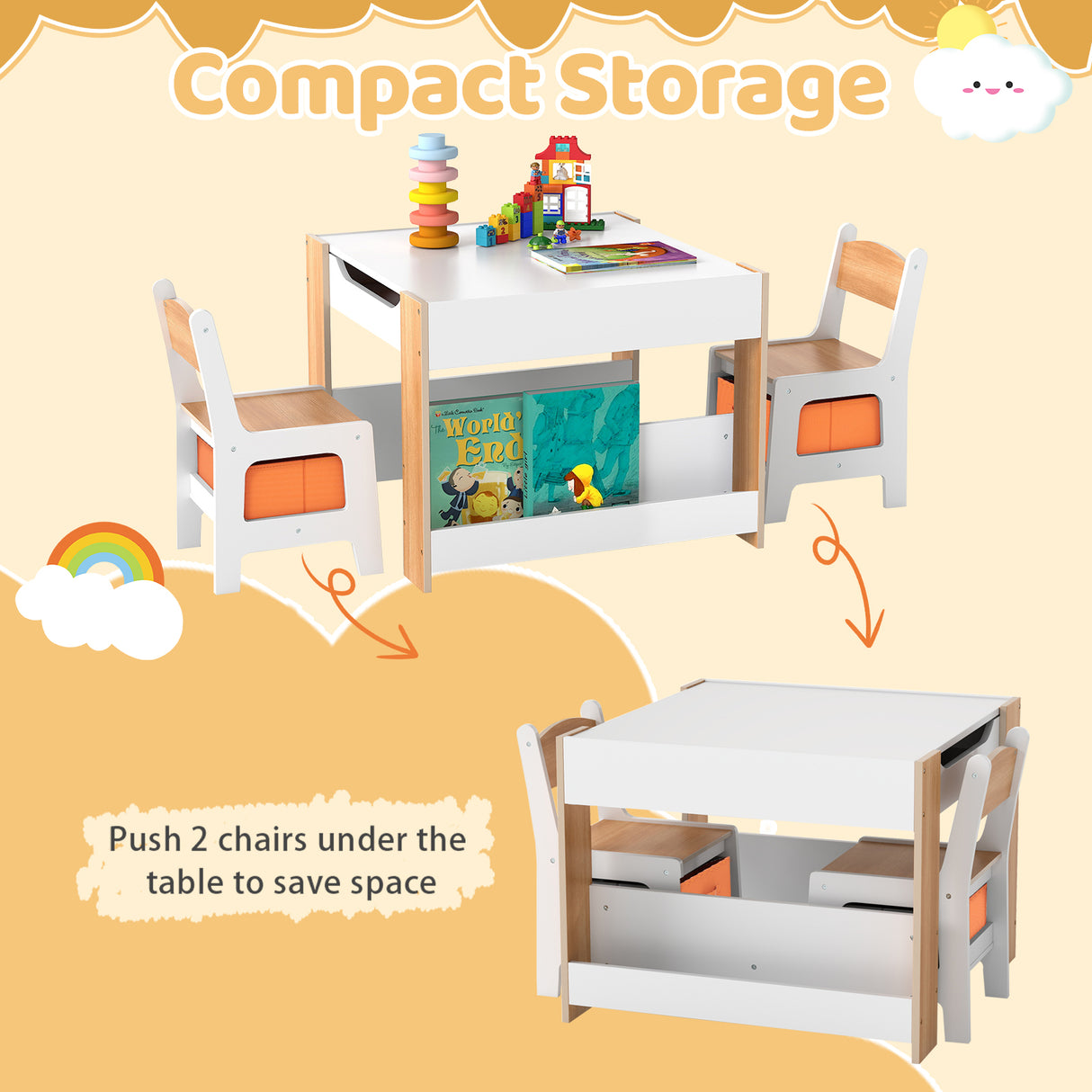 4-in-1 Kids Table and Chair Set, Wooden Activity Table, 2-in-1 Detachable Tabletop Table & Chair Set for Classroom