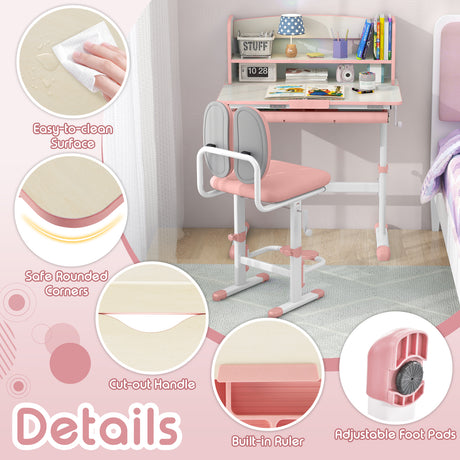 Height Adjustable Children School Study Desk with Tilt Desktop and Storage Drawer