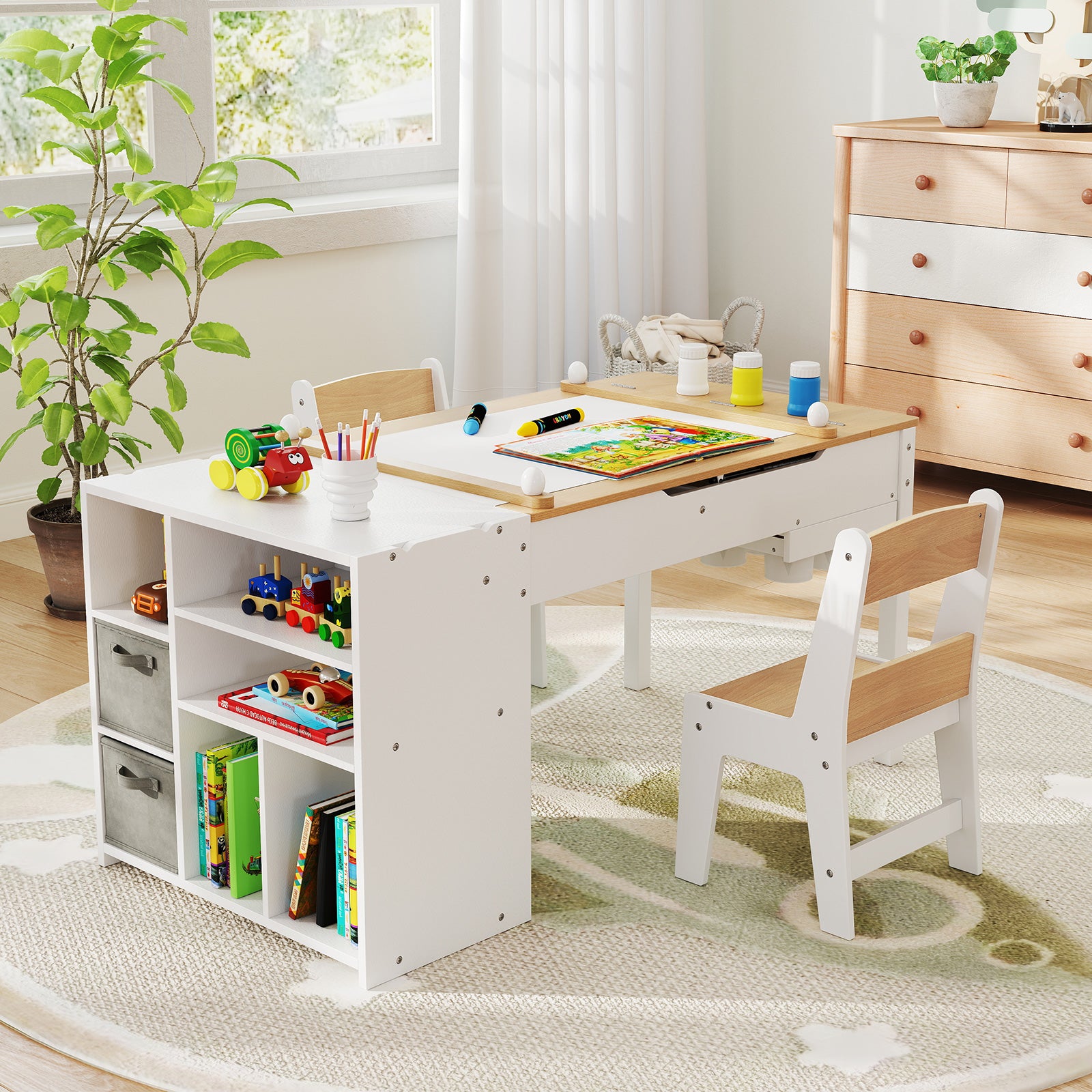 HONEY JOY Kids Art Table & 2 Chairs Set w/Paper Roll, Craft Desk w