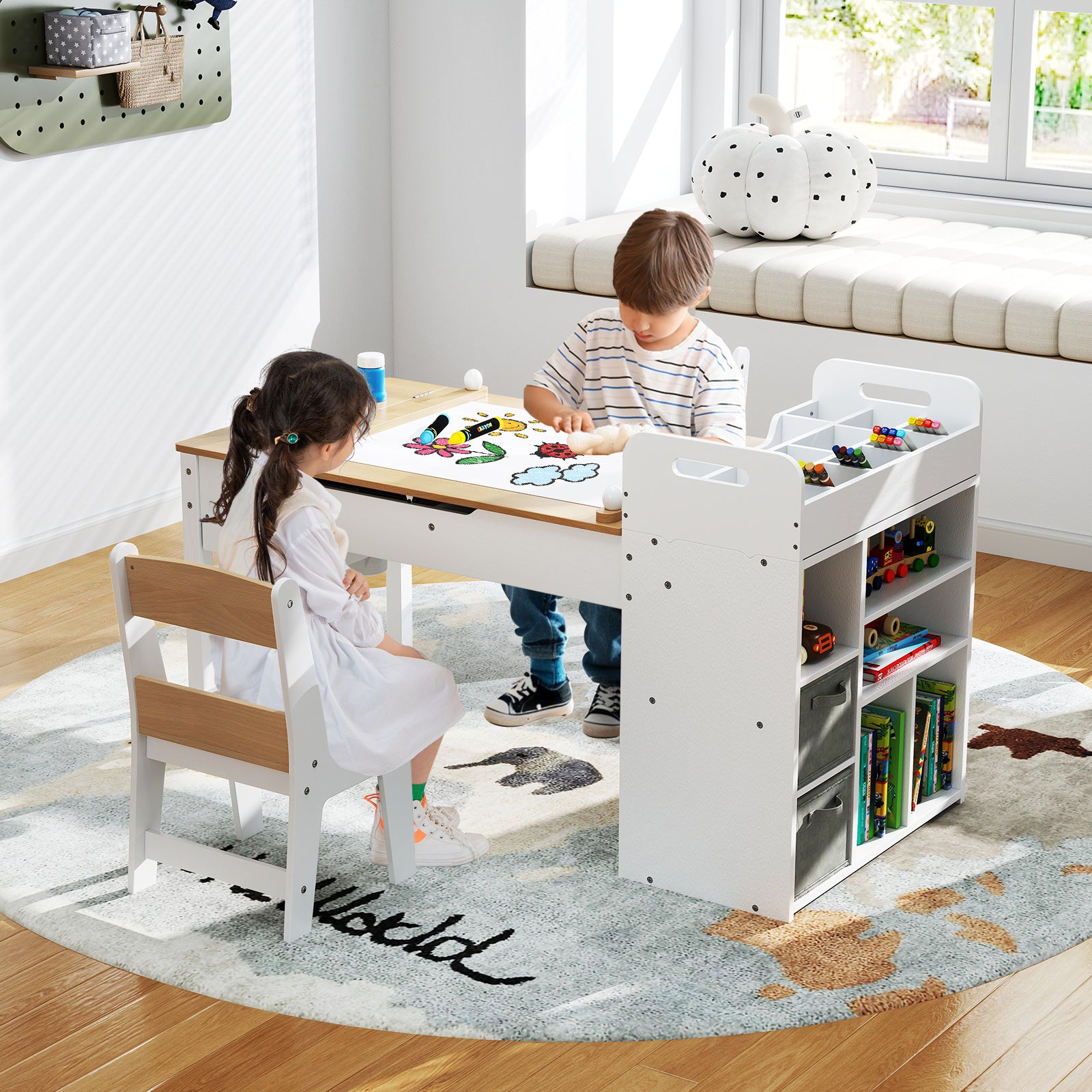 HONEY JOY Kids Art Table & 2 Chairs Set w/Paper Roll, Craft Desk w
