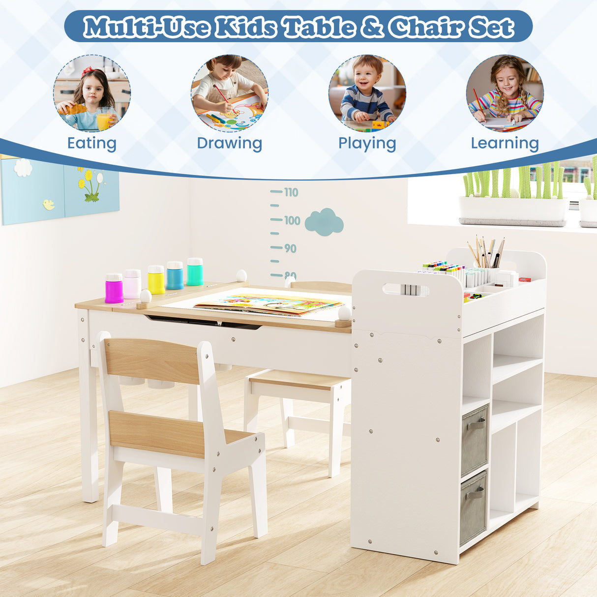 HONEY JOY Kids Art Table & 2 Chairs Set w/Paper Roll, Craft Desk w/Flip-up Tabletop