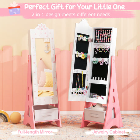 Kids Jewelry Armoire Cabinet, Free-Standing Full Length Mirror with Storage and 2 Tilt Angles