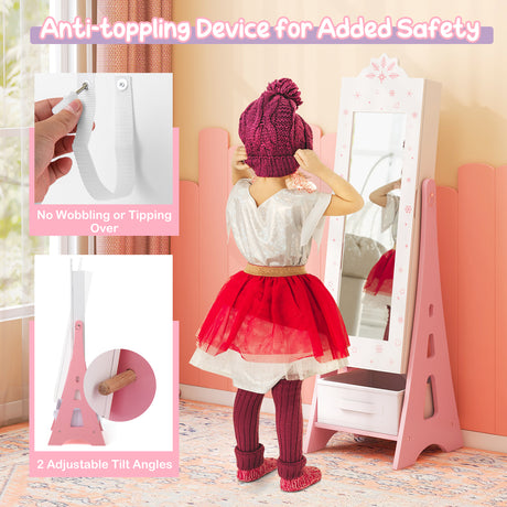 Kids Jewelry Armoire Cabinet, Free-Standing Full Length Mirror with Storage and 2 Tilt Angles