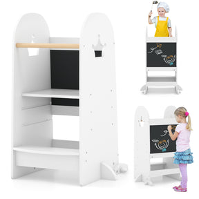 Children's desk with shelves and a chalkboard, featuring a child and a toy on top.