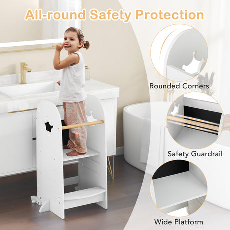 White step stool with safety guardrail in a bathroom setting, highlighting rounded corners, safety guardrail, and wide platform.