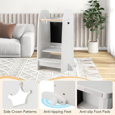 White TV stand in a living room setting with additional product features displayed.