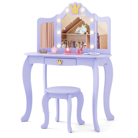 HONEY JOY Kids Vanity Set with 3-Color Adjustable Lighted Mirror