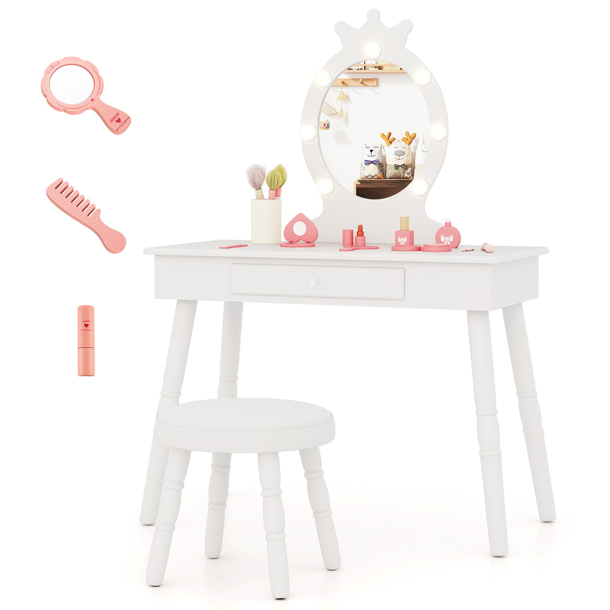 HONEY JOY Kids Vanity Set with LED Lighted Mirror & Stool