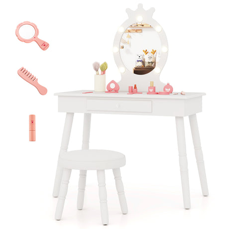 HONEY JOY Kids Vanity Set with LED Lighted Mirror & Stool