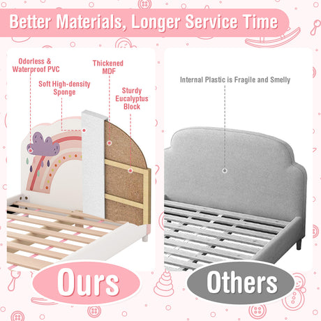 HONEY JOY Single Bed Frames for Kids, Wood Upholstered Twin Bed Platform with Slat Support