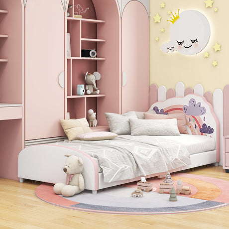 HONEY JOY Single Bed Frames for Kids, Wood Upholstered Twin Bed Platform with Slat Support