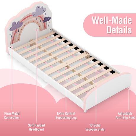HONEY JOY Single Bed Frames for Kids, Wood Upholstered Twin Bed Platform with Slat Support