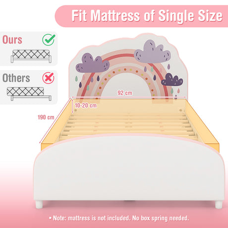 HONEY JOY Single Bed Frames for Kids, Wood Upholstered Twin Bed Platform with Slat Support