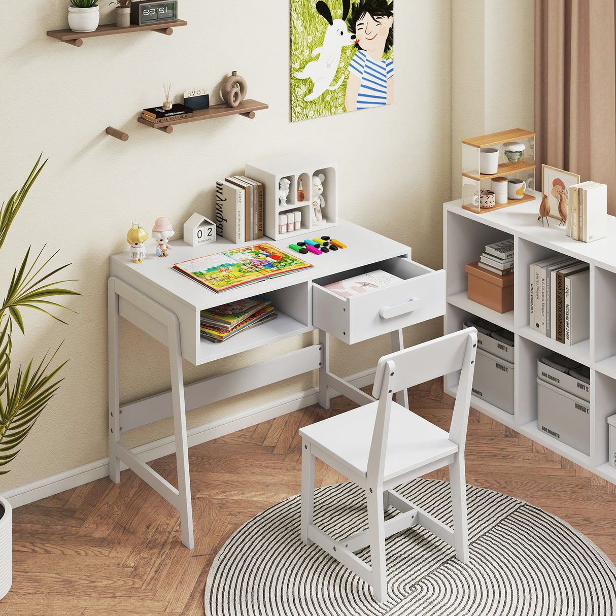 Wooden Children Study Table Set with Storage Drawer and Hutch