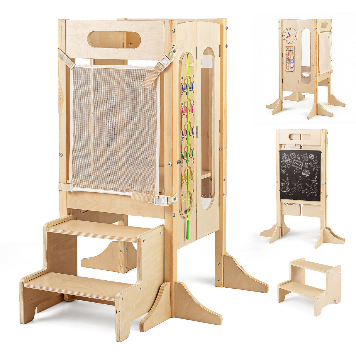 Versatile Wooden Learning Tower with Blackboard & Montessori Games for Children 3+ Years Old