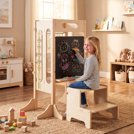 Versatile Wooden Learning Tower with Blackboard & Montessori Games for Children 3+ Years Old