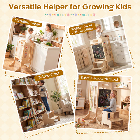 Versatile Wooden Learning Tower with Blackboard & Montessori Games for Children 3+ Years Old