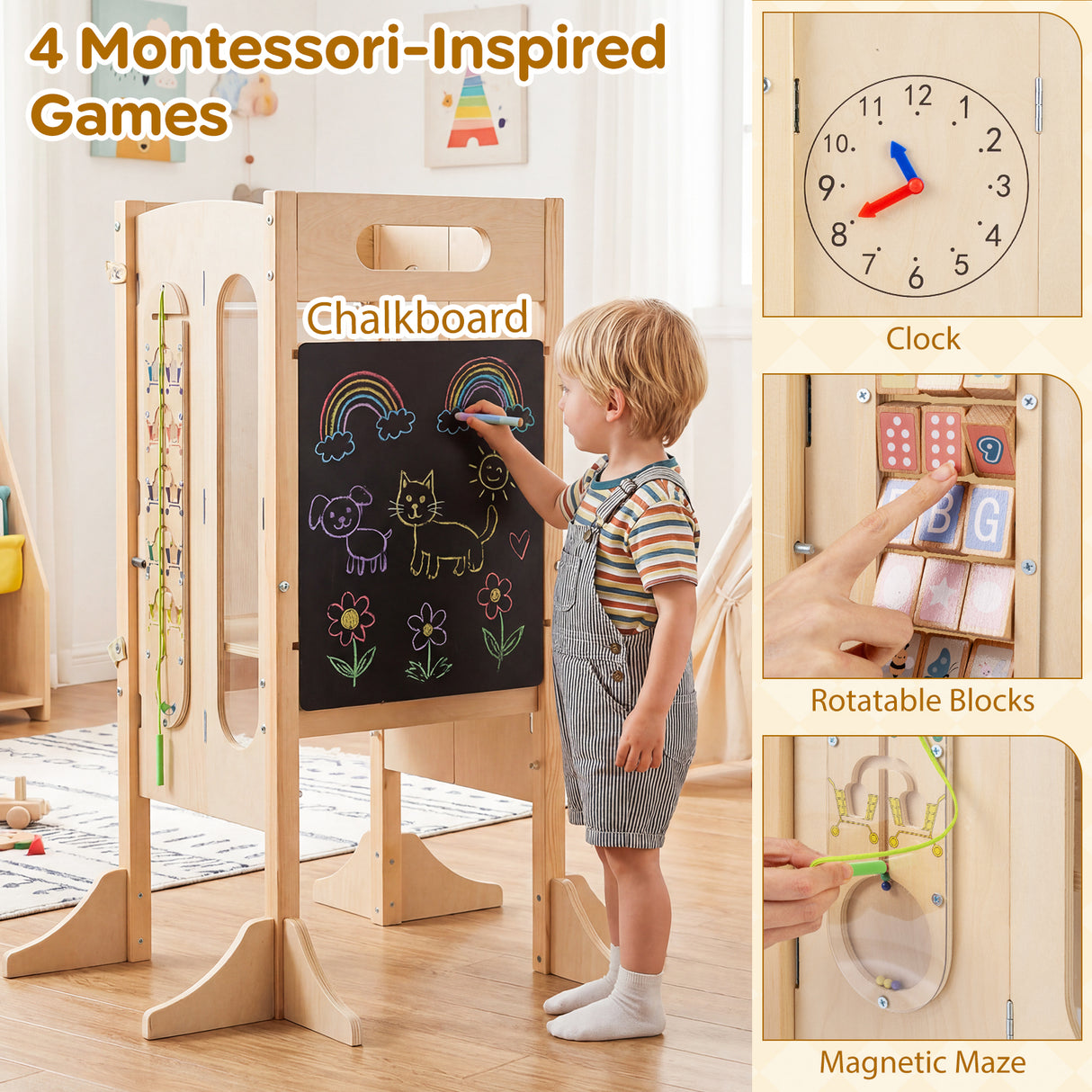 Versatile Wooden Learning Tower with Blackboard & Montessori Games for Children 3+ Years Old