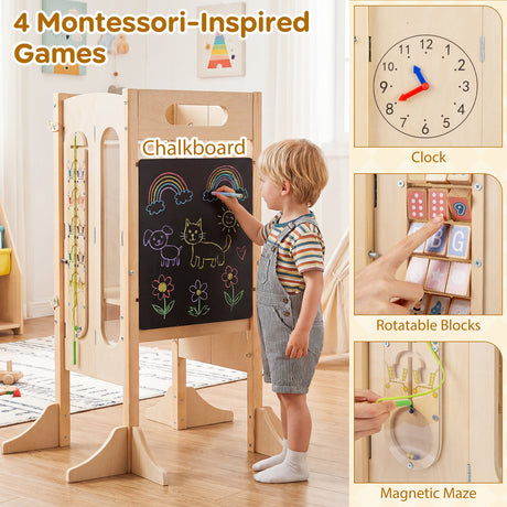 Versatile Wooden Learning Tower with Blackboard & Montessori Games for Children 3+ Years Old