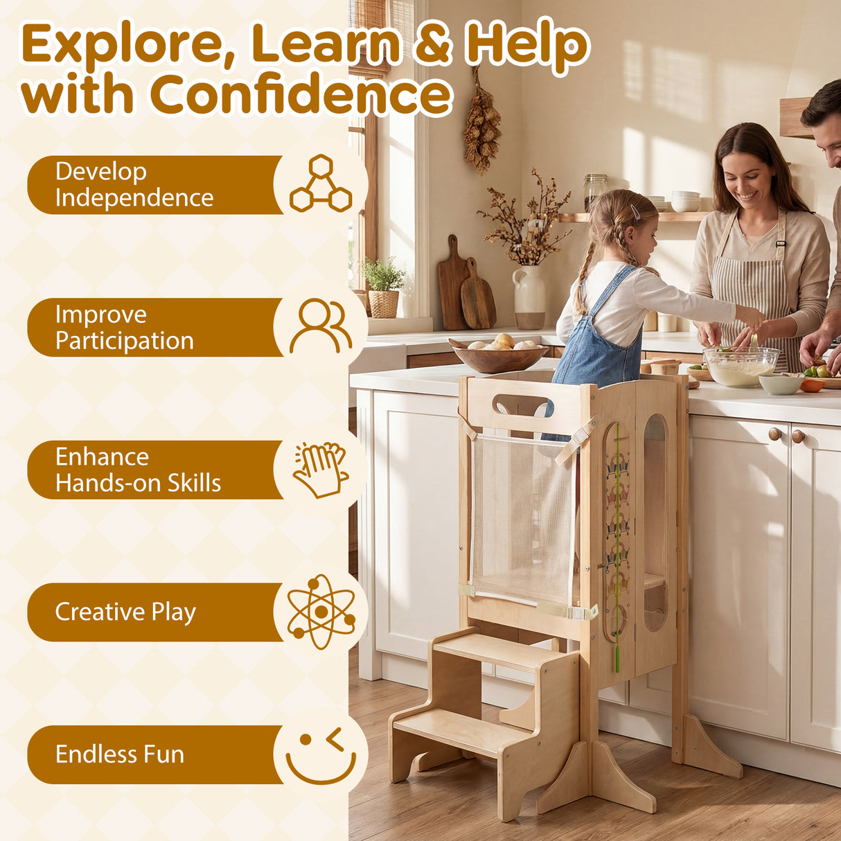 Versatile Wooden Learning Tower with Blackboard & Montessori Games for Children 3+ Years Old