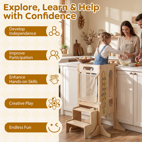 Versatile Wooden Learning Tower with Blackboard & Montessori Games for Children 3+ Years Old