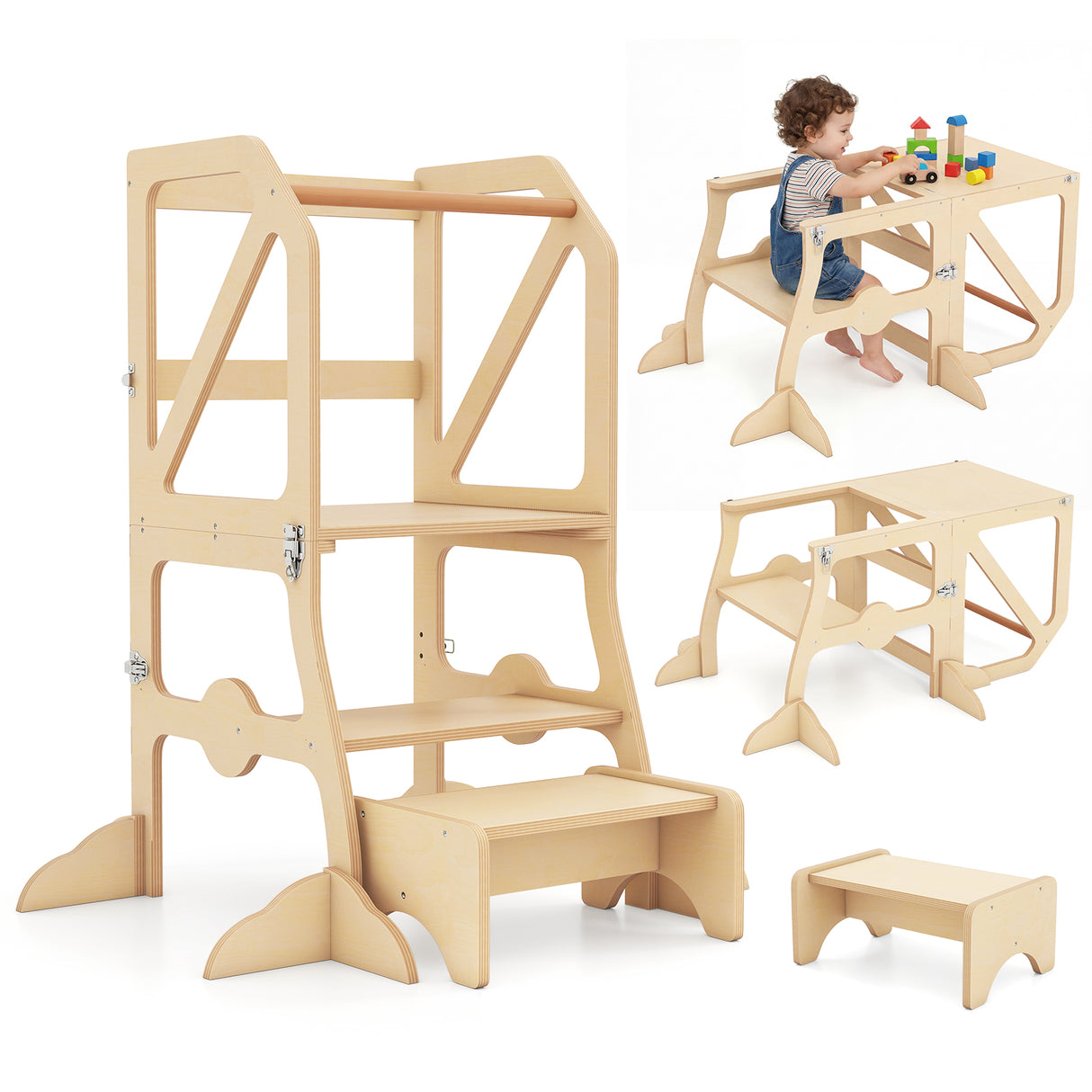 Foldable Kids Kitchen Step Stool Helper with Removable Safety Bar and Chair Set for Children 3+ Years Old