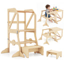 Foldable Kids Kitchen Step Stool Helper with Removable Safety Bar and Chair Set for Children 3+ Years Old