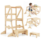 Foldable Kids Kitchen Step Stool Helper with Removable Safety Bar and Chair Set for Children 3+ Years Old