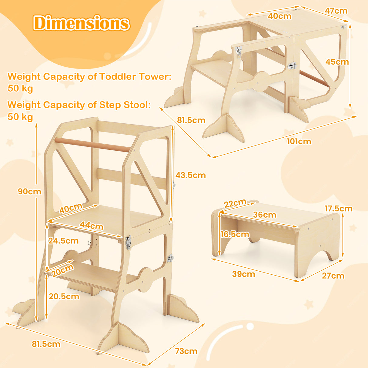 Foldable Kids Kitchen Step Stool Helper with Removable Safety Bar and Chair Set for Children 3+ Years Old