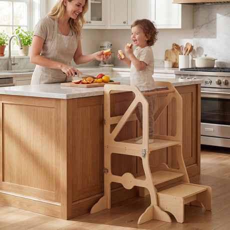Foldable Kids Kitchen Step Stool Helper with Removable Safety Bar and Chair Set for Children 3+ Years Old
