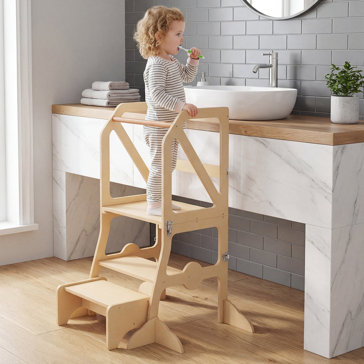 Foldable Kids Kitchen Step Stool Helper with Removable Safety Bar and Chair Set for Children 3+ Years Old