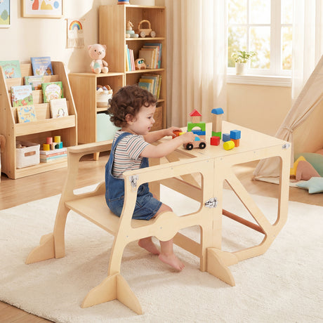 Foldable Kids Kitchen Step Stool Helper with Removable Safety Bar and Chair Set for Children 3+ Years Old