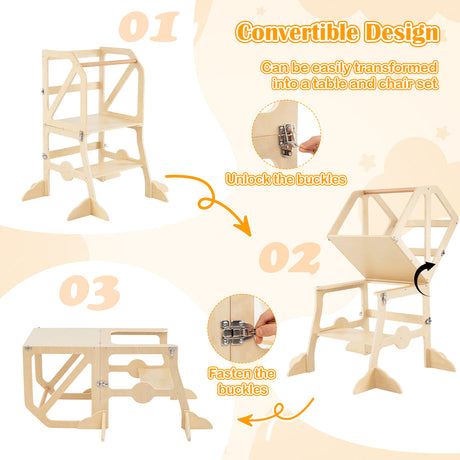 Foldable Kids Kitchen Step Stool Helper with Removable Safety Bar and Chair Set for Children 3+ Years Old