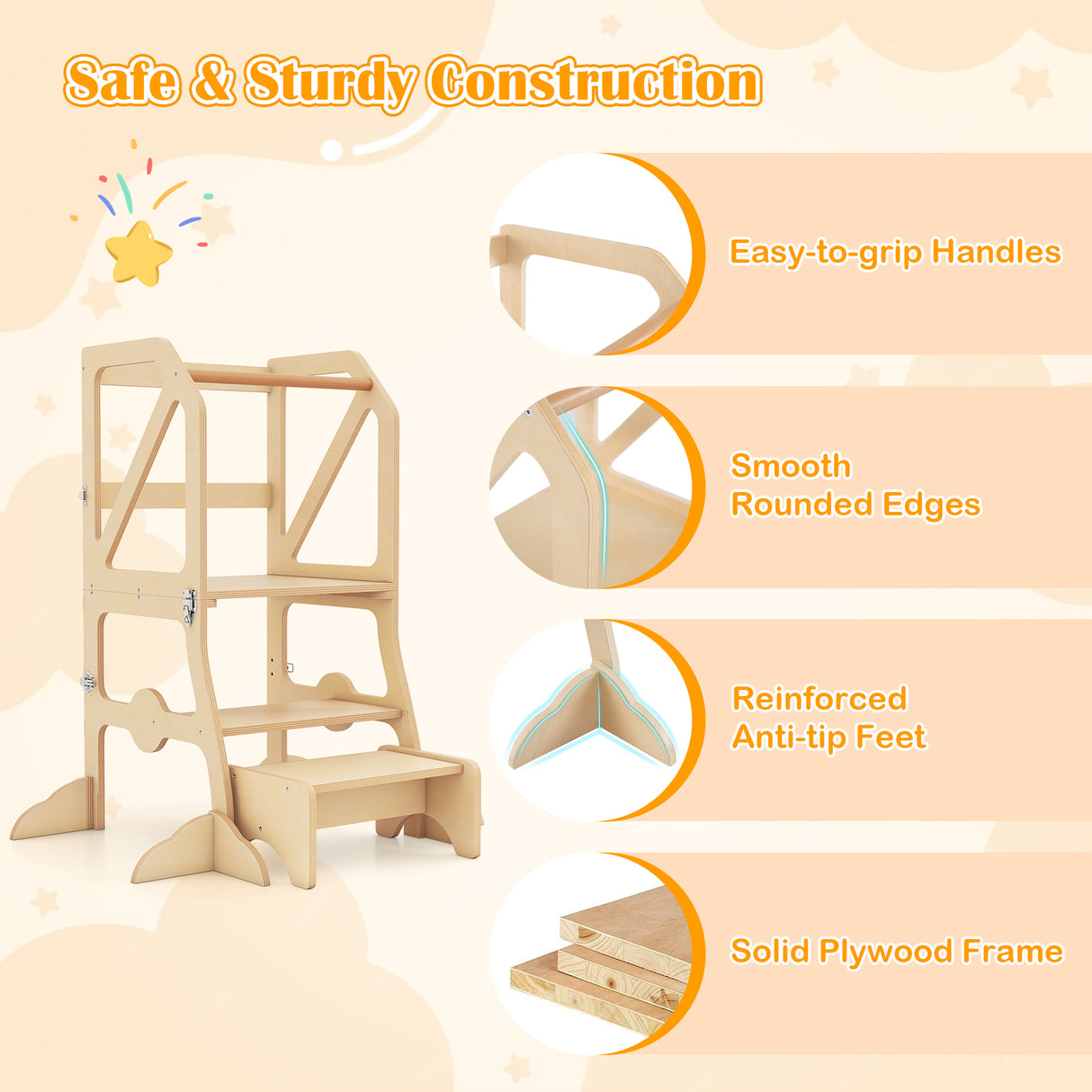 Foldable Kids Kitchen Step Stool Helper with Removable Safety Bar and Chair Set for Children 3+ Years Old
