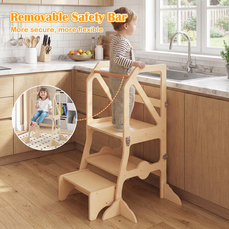 Foldable Kids Kitchen Step Stool Helper with Removable Safety Bar and Chair Set for Children 3+ Years Old