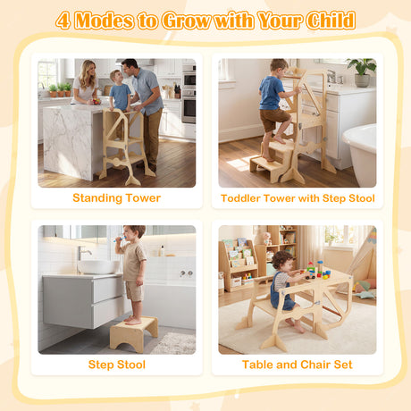 Foldable Kids Kitchen Step Stool Helper with Removable Safety Bar and Chair Set for Children 3+ Years Old
