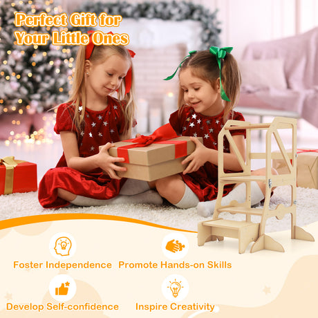 Foldable Kids Kitchen Step Stool Helper with Removable Safety Bar and Chair Set for Children 3+ Years Old