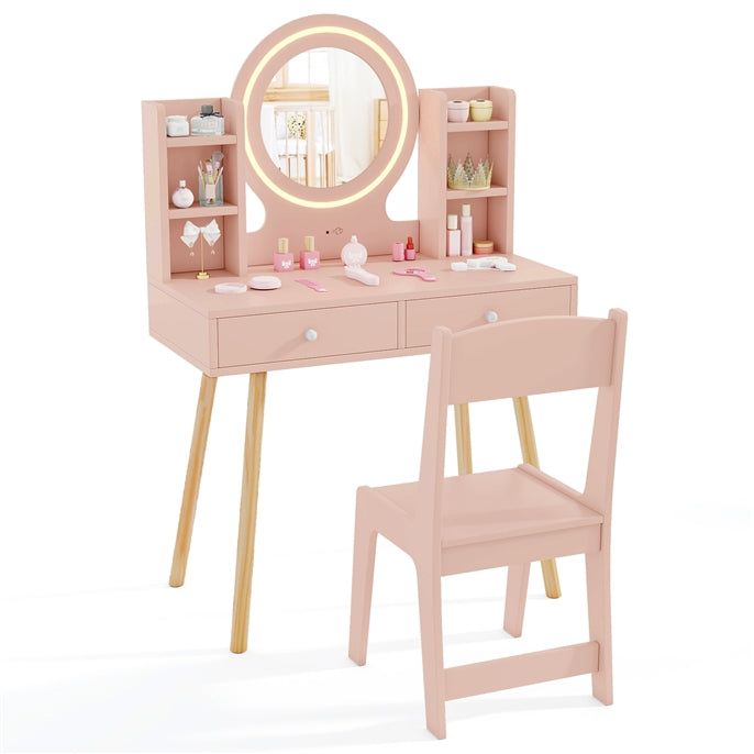 Wooden Kids Vanity Set Makeup Dressing Table w/ 2-Color LED Lighted Mirror Stool