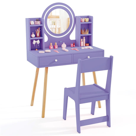 Wooden Kids Vanity Set Makeup Dressing Table w/ 2-Color LED Lighted Mirror Stool